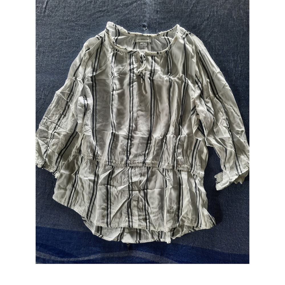 Liz Claiborne Women XL White Navy Striped Peplum Peasant Blouse 3/4 Sleeve Rayon